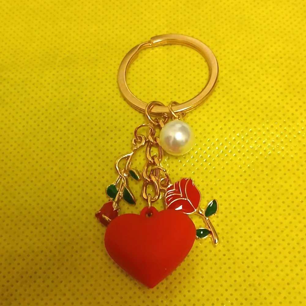 Heart and Double Rose Keychain/Bag Charm with Faux Pearl Accent